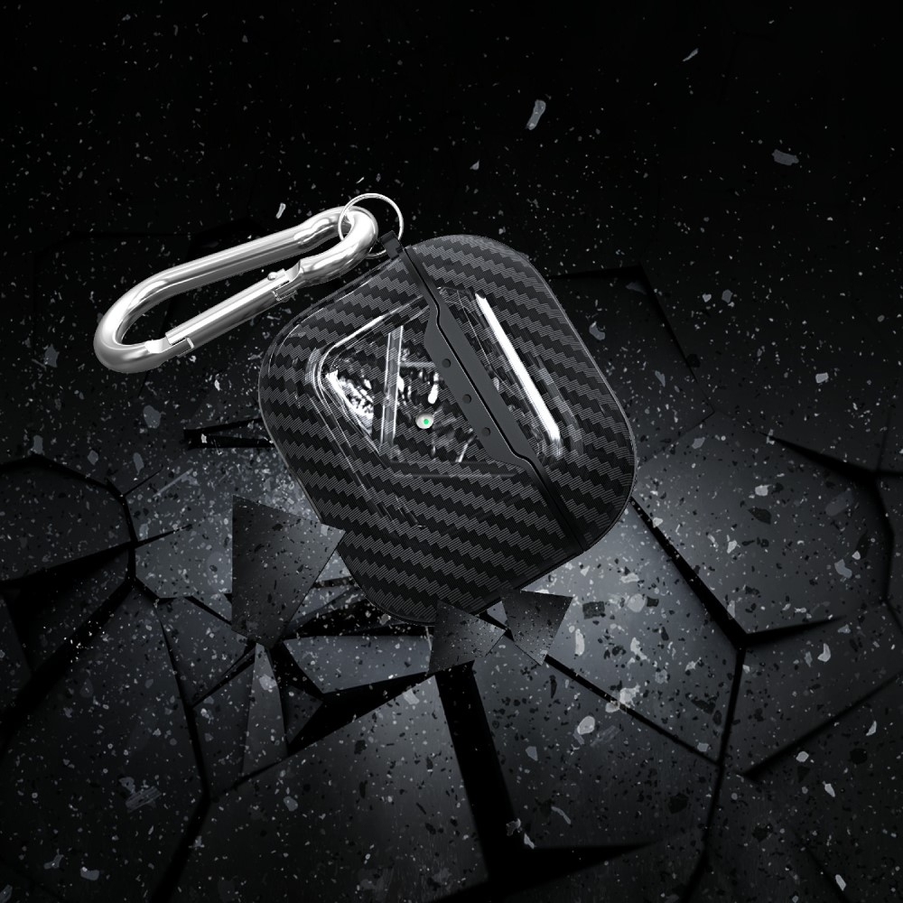 AirPods (3. Generation) Gummi Schutzhülle Abdeckung mit Karabinerhaken Carbon Look - Schwarz