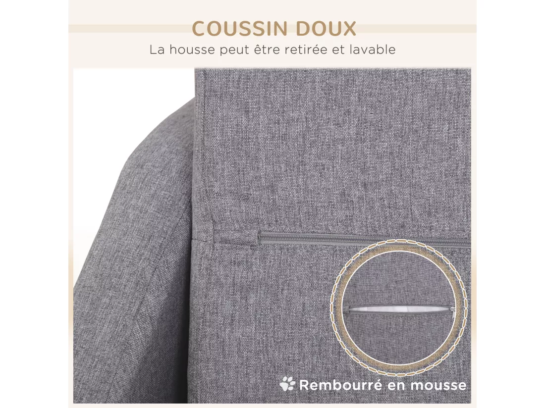 Canapé chien lit pour chien design scandinave déhoussable dim. 75L x 55l x 39H cm pieds bois tissu polyester gris