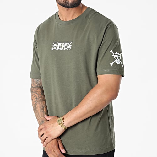 Tee Shirt Oversize Large Front And Sleeve Vert Kaki Blanc