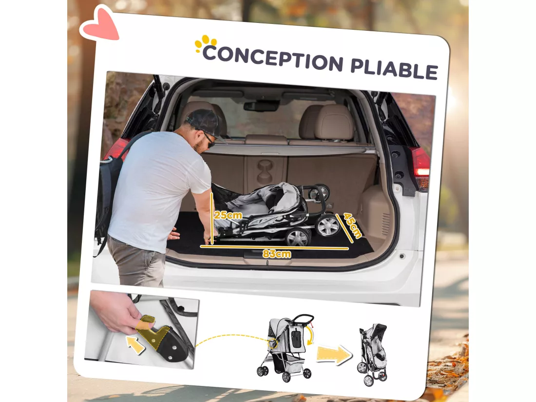 Poussette buggy pliable animaux chariot pliant chien chat porte-gobelet panier de rangement inclus roues avec frein tissu 600D Oxford métal gris