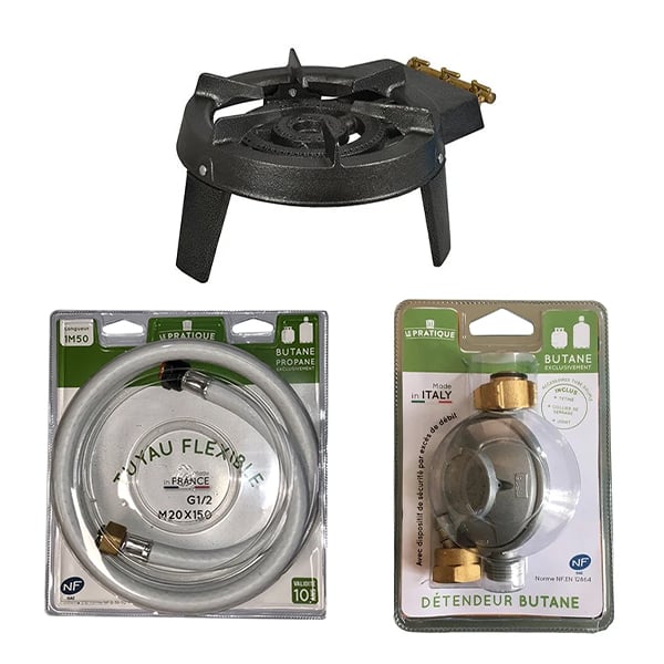Set réchaud à gaz 3 robinets avec flexible et détendeur butane