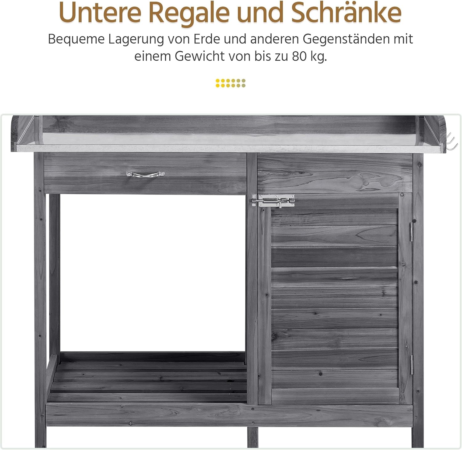 Yaheetech Pflanztisch mit verzinkter Arbeitsplatte, Wetterfest Gärtnertisch Blumentisch Holzpflanztisch mit Unterschrank, Ablagefläche und Schublade für den Garten/Terrasse/Balkon, Grau