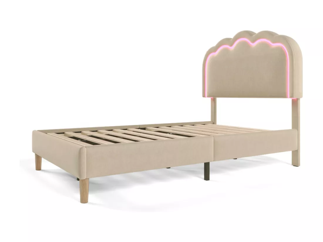 Lit capitonné 90 x 190 cm avec tête de lit réglable pour chambre à coucher - LEDs - tissu lin - beige