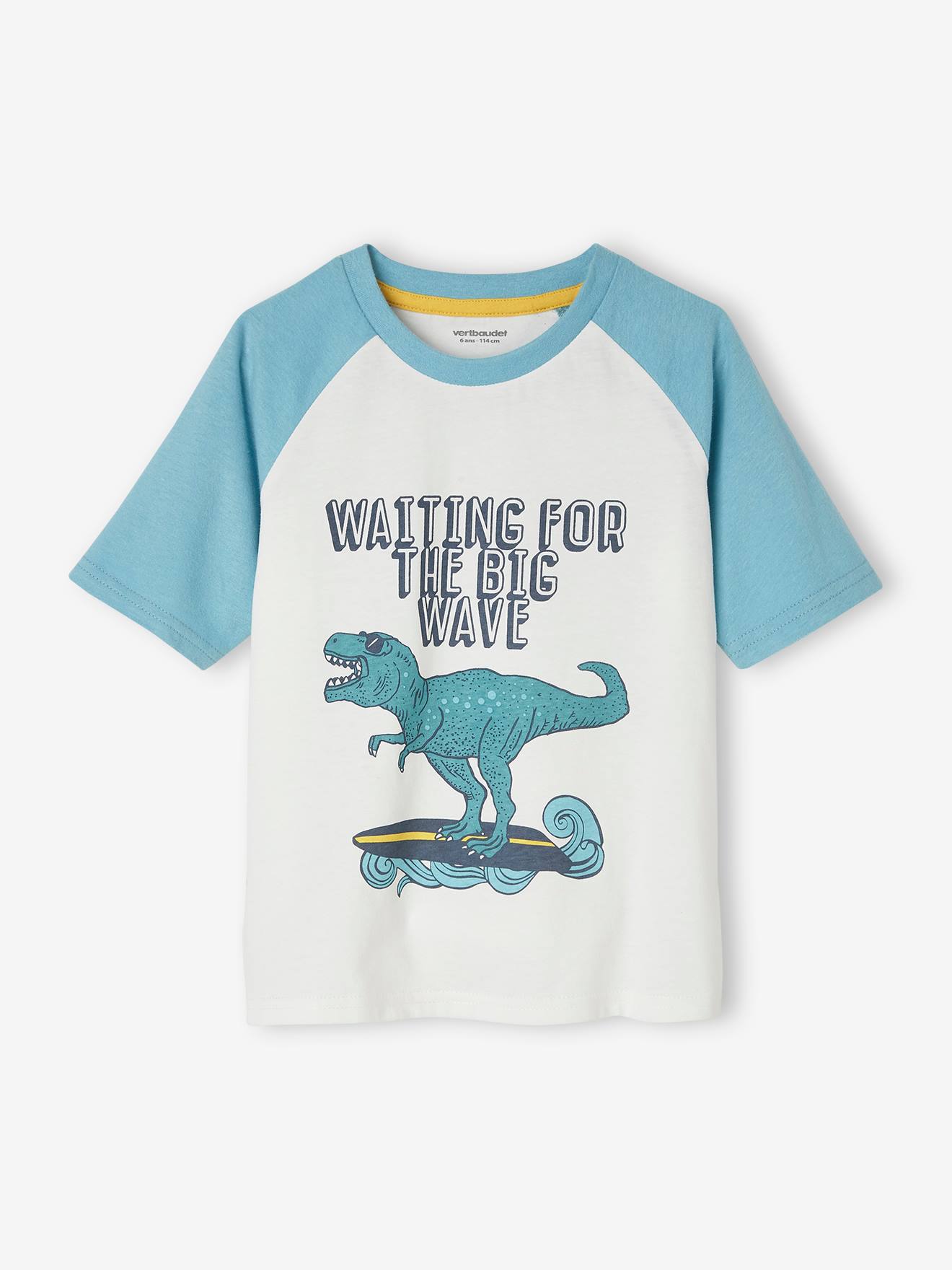 Pijama infantil masculino com estampa de dinossauro surfista e shorts - Azul-petróleo