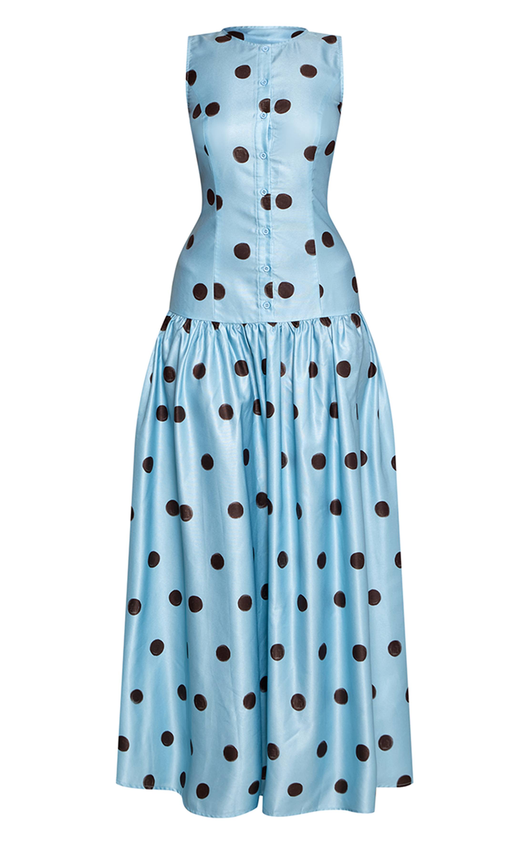 Bleu Robe Longue Taille Basse Boutonnée À Pois