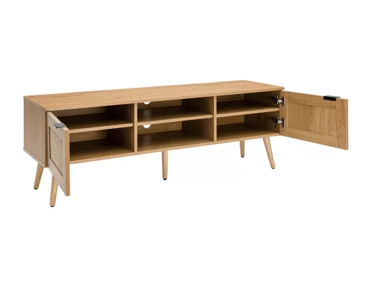 Meuble TV finition bois clair, cannage rotin et métal noir 2 portes L140 cm MANILLE