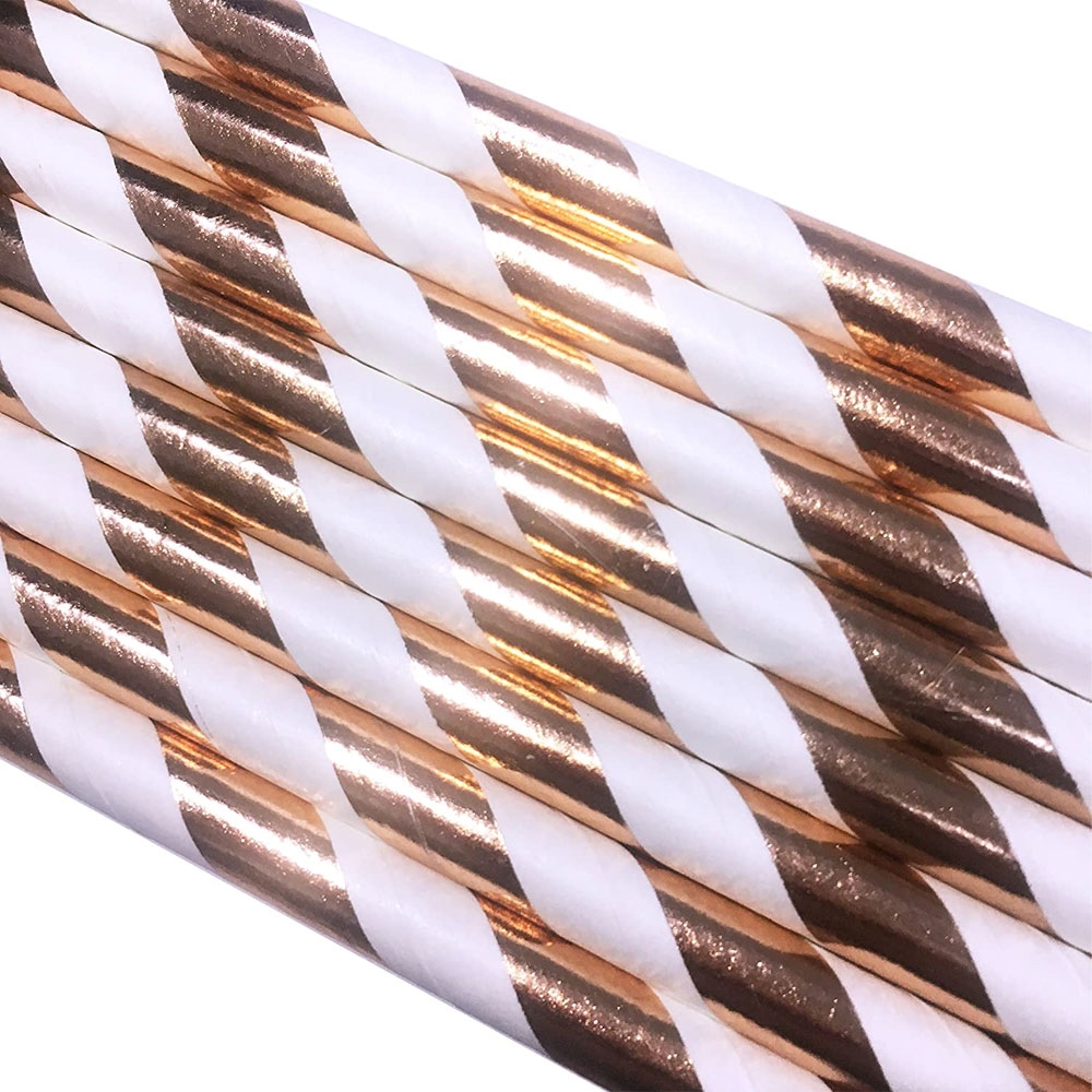 (25er Set) 20cm Papier Strohhalm Trinkhalm - Roségold / Weiss