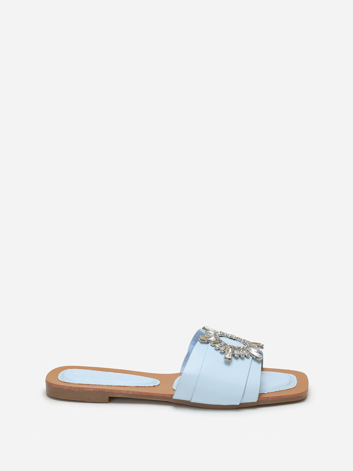 Mules carrées à bride avec bijou en strass- Bleu