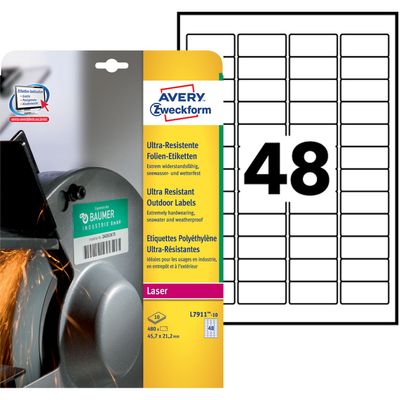 Avery - 480 Étiquettes ultra résistantes blanches - 45,7 x 21,2 mm - Impression laser - réf L7911-10