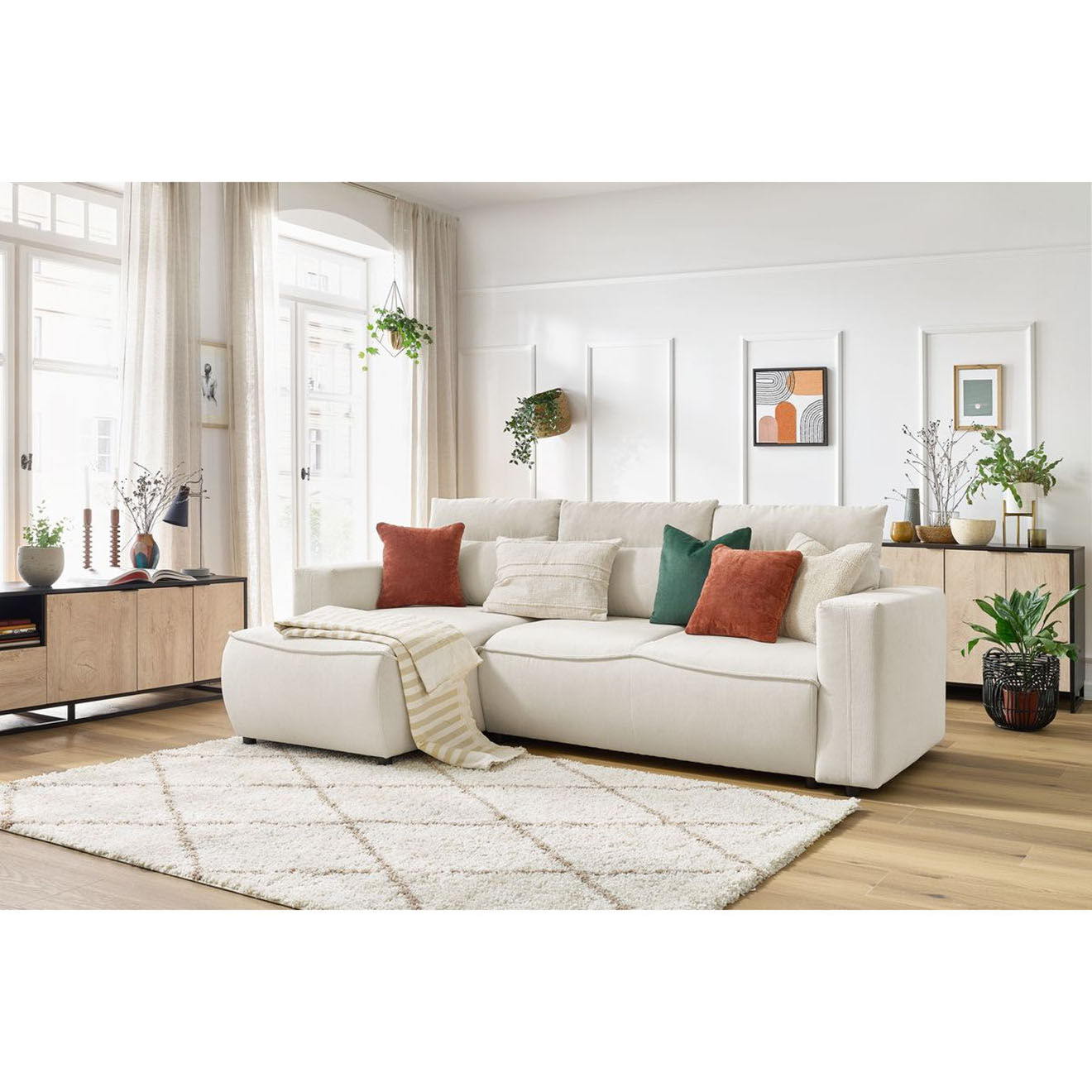 Bobochic Canapé d'angle gauche convertible coffre jasmin velours côtelé beige - 256x158x90 cm