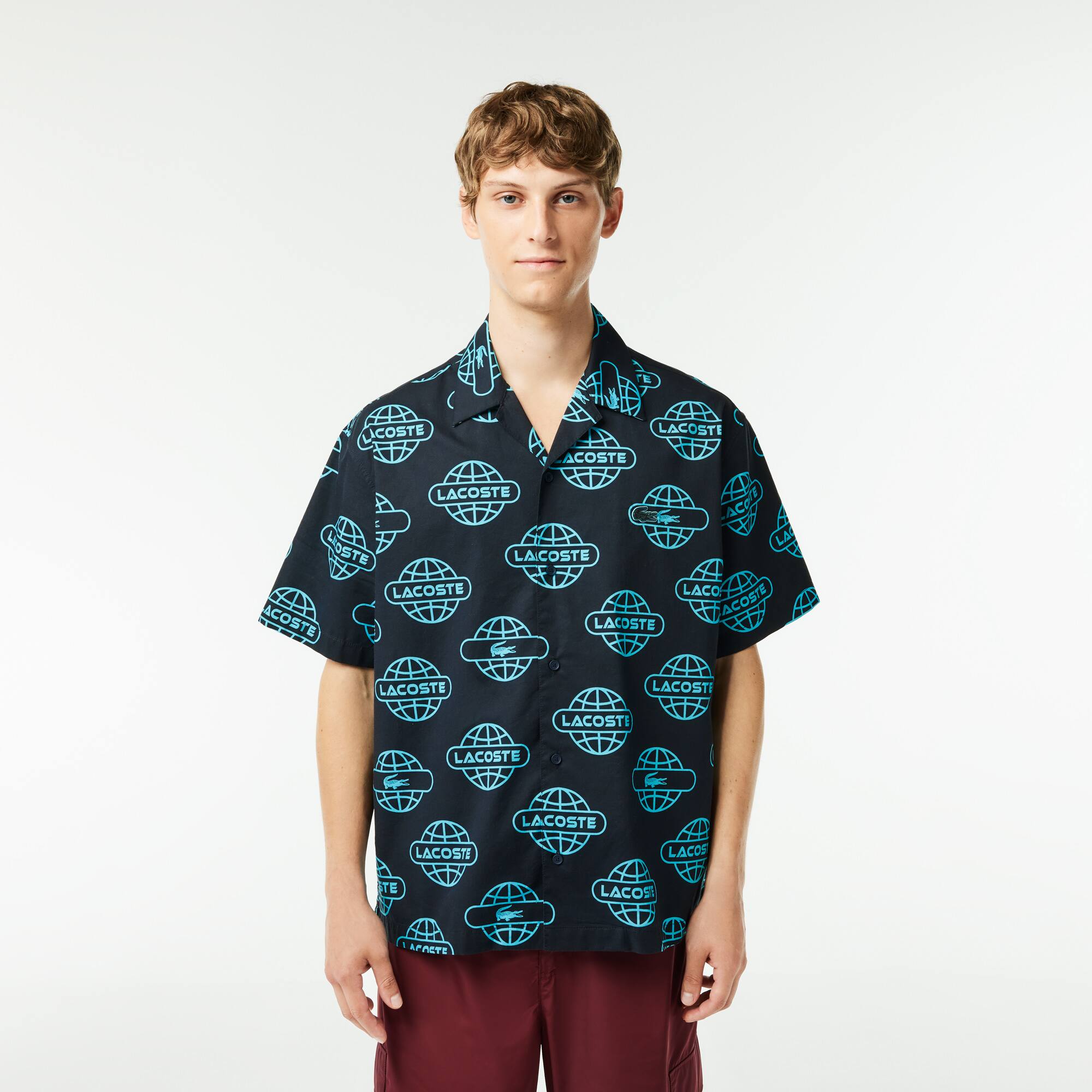 Chemise en twill de coton imprimé mappemonde Lacoste Manches Courtes - Noir - Lacoste - Homme