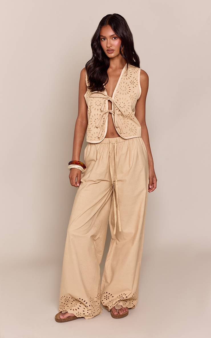 Taupe Ensemble Coordonné Gilet Sans Manches En Coton Broderie Anglaise À Nouer Devant