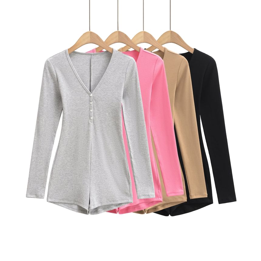 Asiris - Romper met lange mouwen, V-hals en effen, slim fit