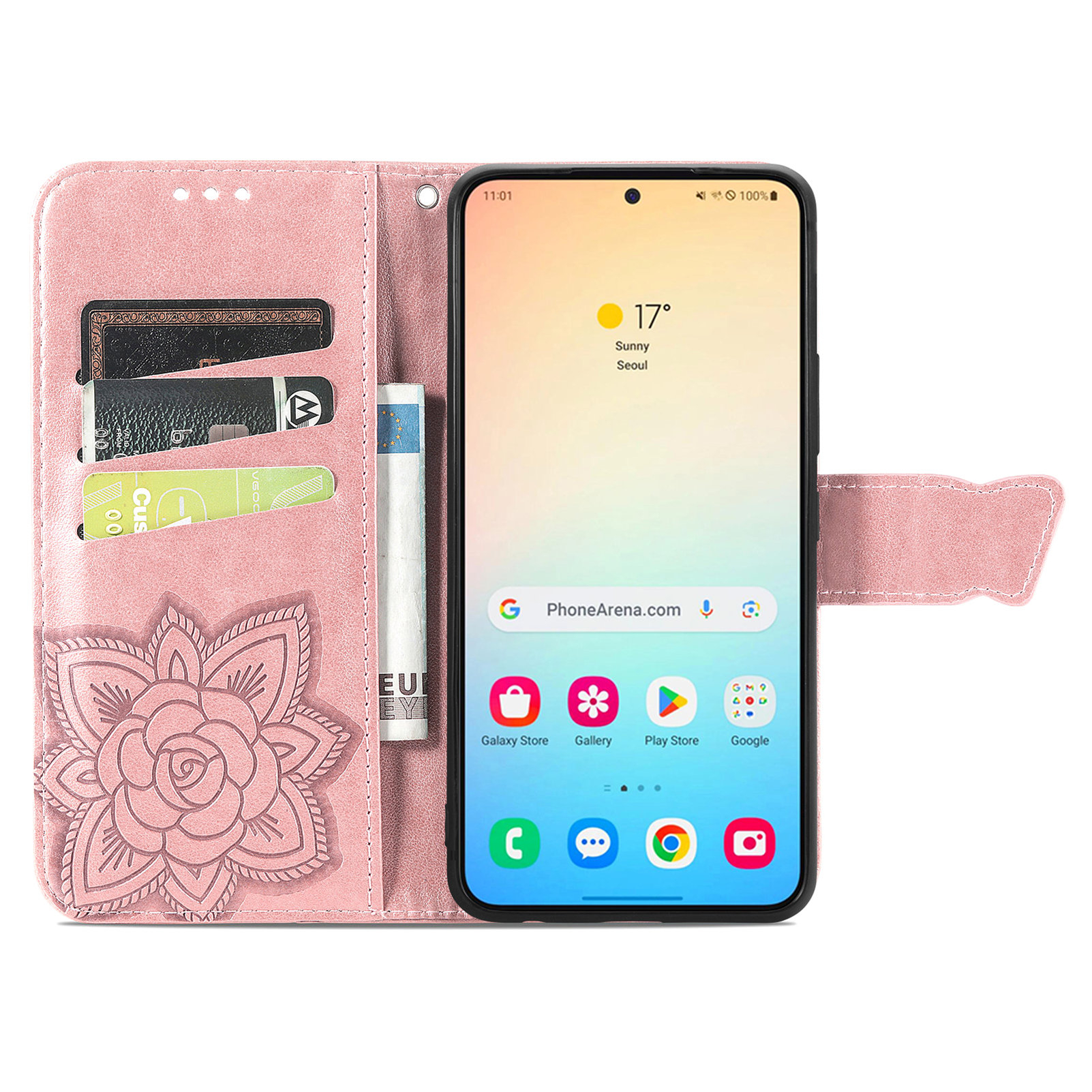 Samsung Galaxy S25 Leder Tasche Flip Cover Schmetterlinge Imprint - Roségold