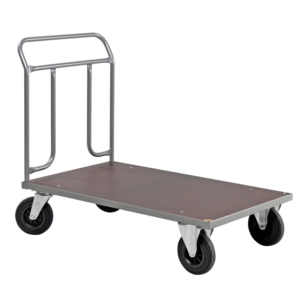 Kongamek platformwagen in grijs, 1074x600x1000mm, met stalen buis duwbeugel en rubberen banden, zonder remmen