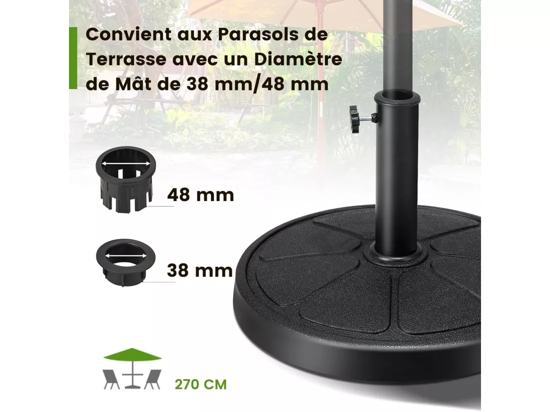 Pied de Parasol Déporté φ45CM 14KG, Base de Parasol en Résine pour Parasol 38/48 mm, Tuyau en Métal, Lestage de Parasol pour Balcon, Jardin, Patio, Terrasse, Piscine
