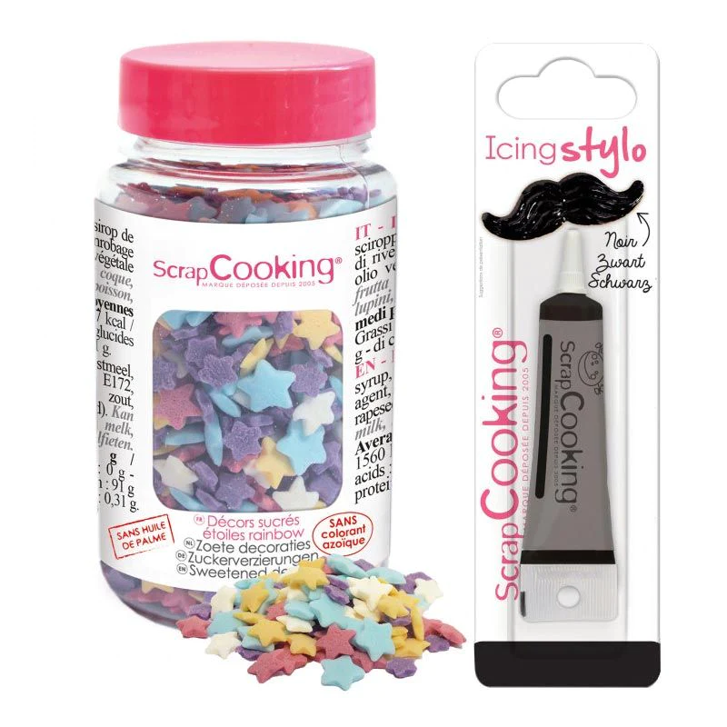 Décors sucrés étoiles arc-en-ciel 55 g + Stylo de glaçage noir Scrapco