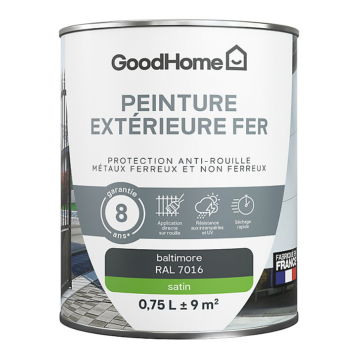 Peinture extérieure métal GoodHome Baltimore satin 0.75L RAL 7016