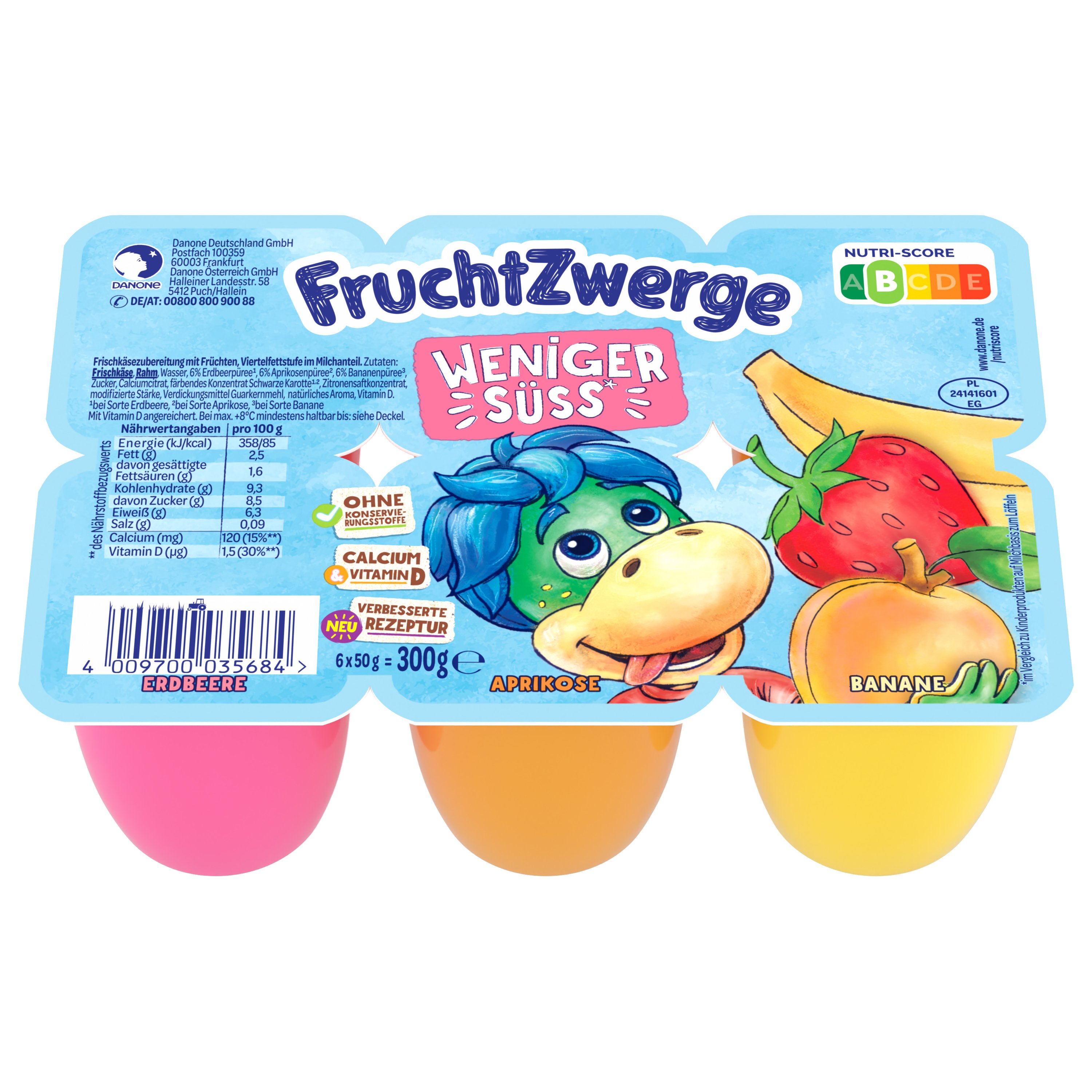 Danone Fruchtzwerge Erdbeere Marille Banane weniger süß