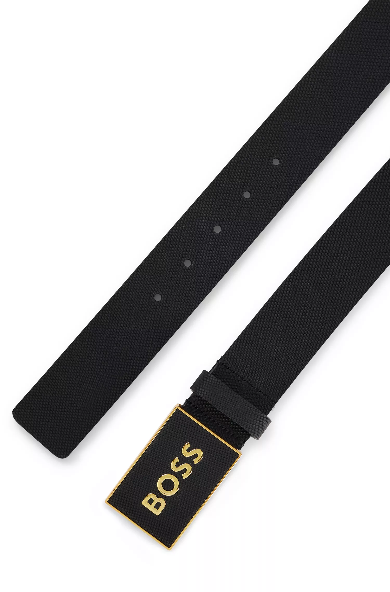 Cinto BOSS em couro italiano preto com fivela de placa texturizada