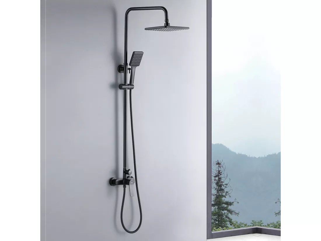 AURALUM MAX Colonne de Douche Noir 2 Fonctions Ensemble de Douche en Laiton avec Douchette de tête rectangle, Haute Réglable 90-120 cm