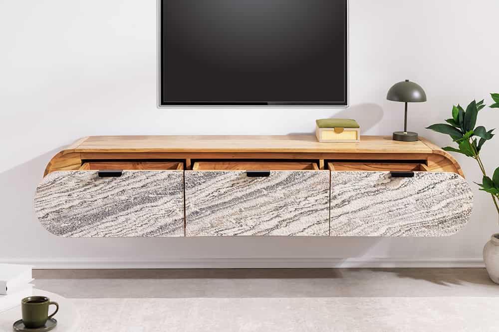 Hängendes TV-Board ORGANIC 160cm natur Akazie schwarz weiß Steinfurnier Schubladen