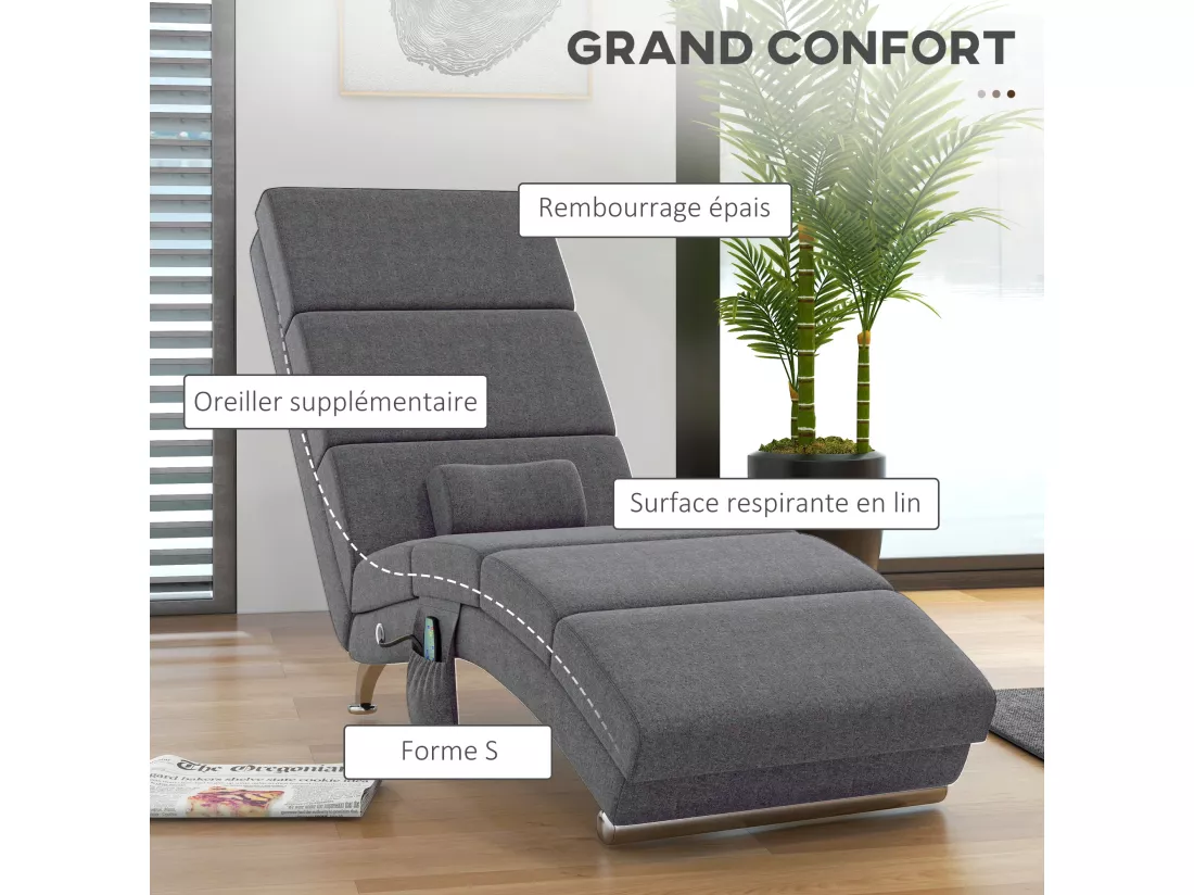Fauteuil relax massant chauffant design contemporain - chaise longue d'intérieur - piètement métal chromé tissu gris