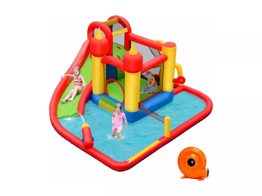 Château Gonflable avec Souffleur 610W Toboggan Aquatique Pataugeoire Cercle de Basket Sac Kit de Réparation 30 Ballons