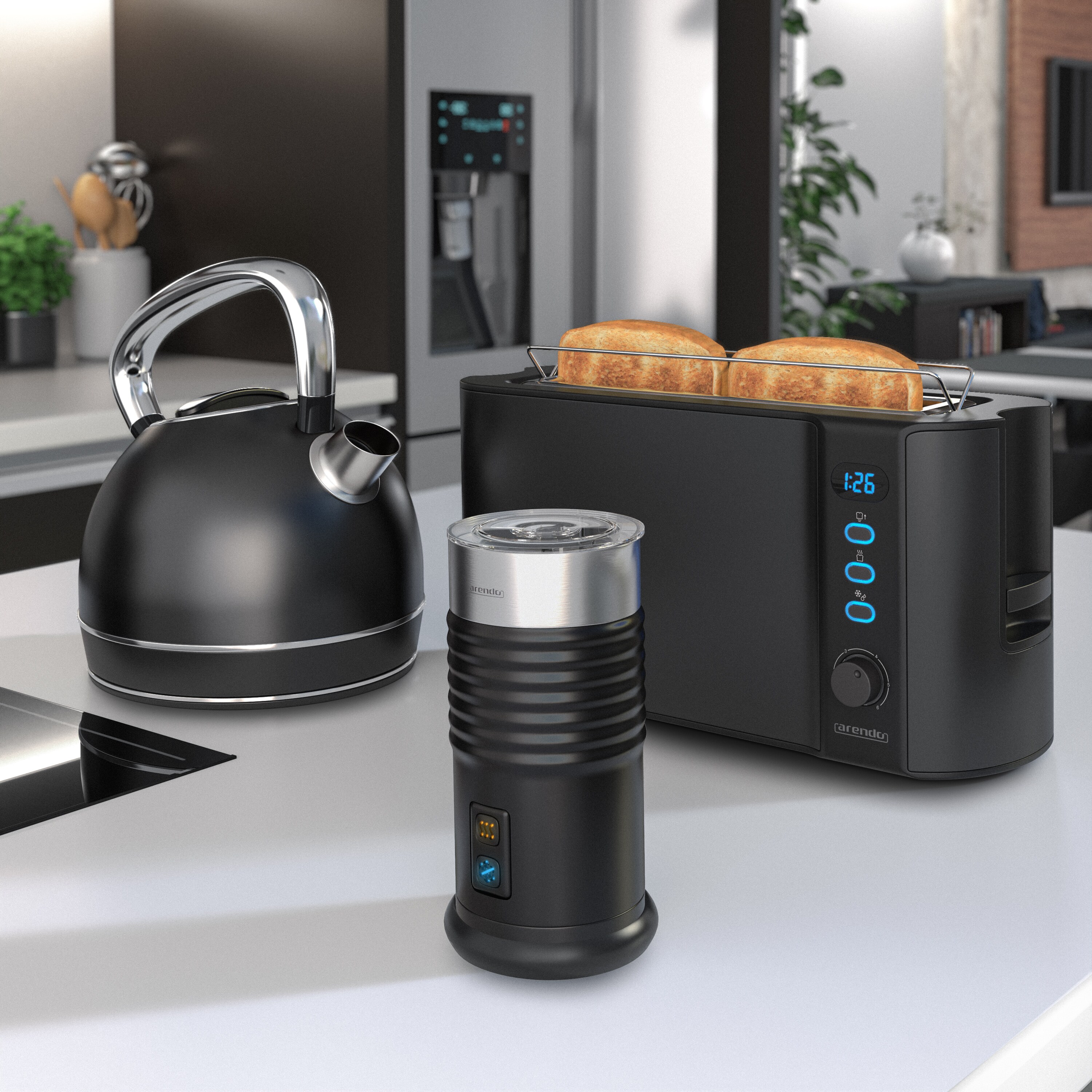 Arendo Frühstücks-Set in Schwarz matt - Wasserkocher / Toaster / Milchaufschäumer