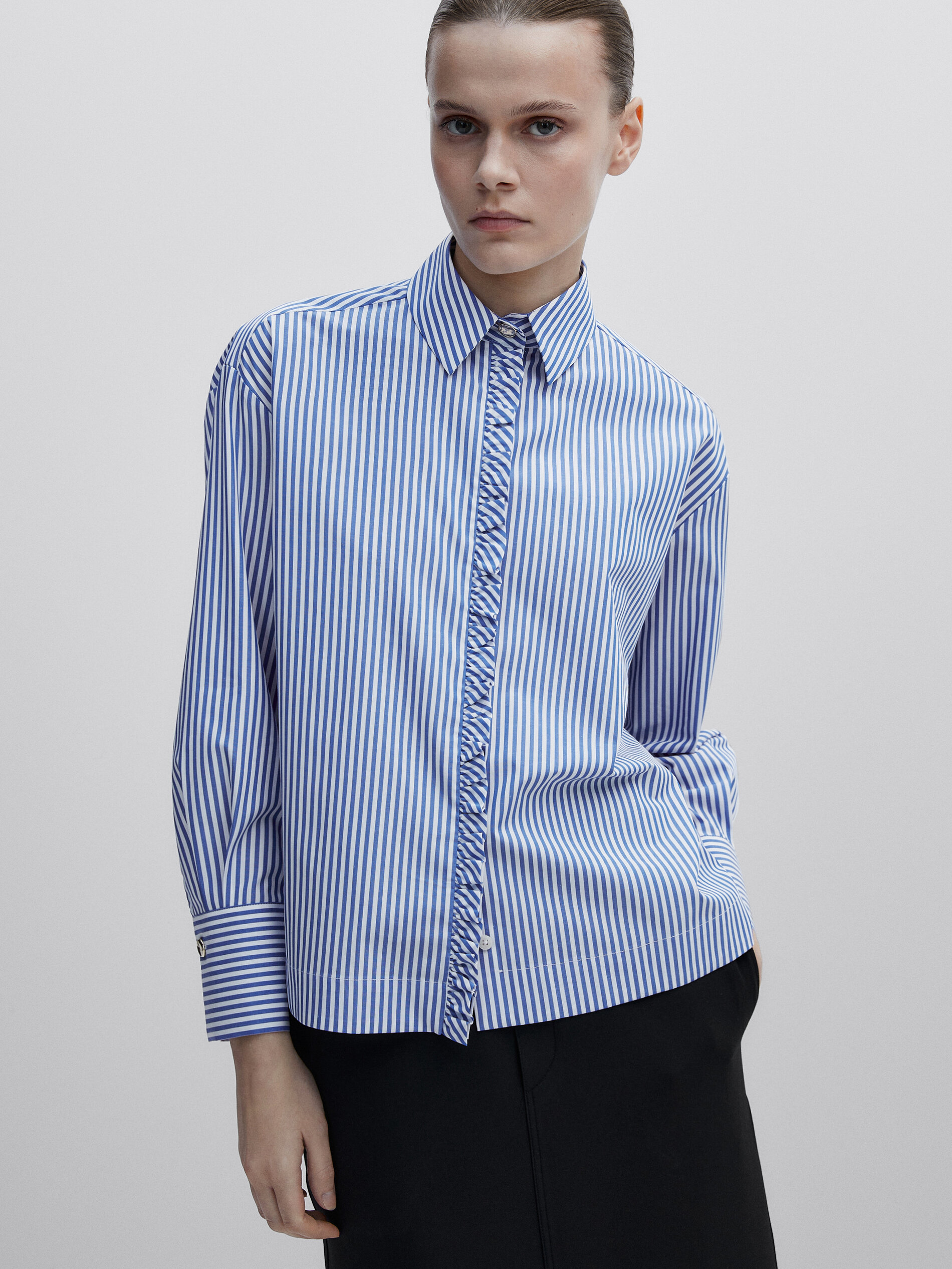 Camisa listrada Poplar com detalhe de babado - Studio - Azul Marinho