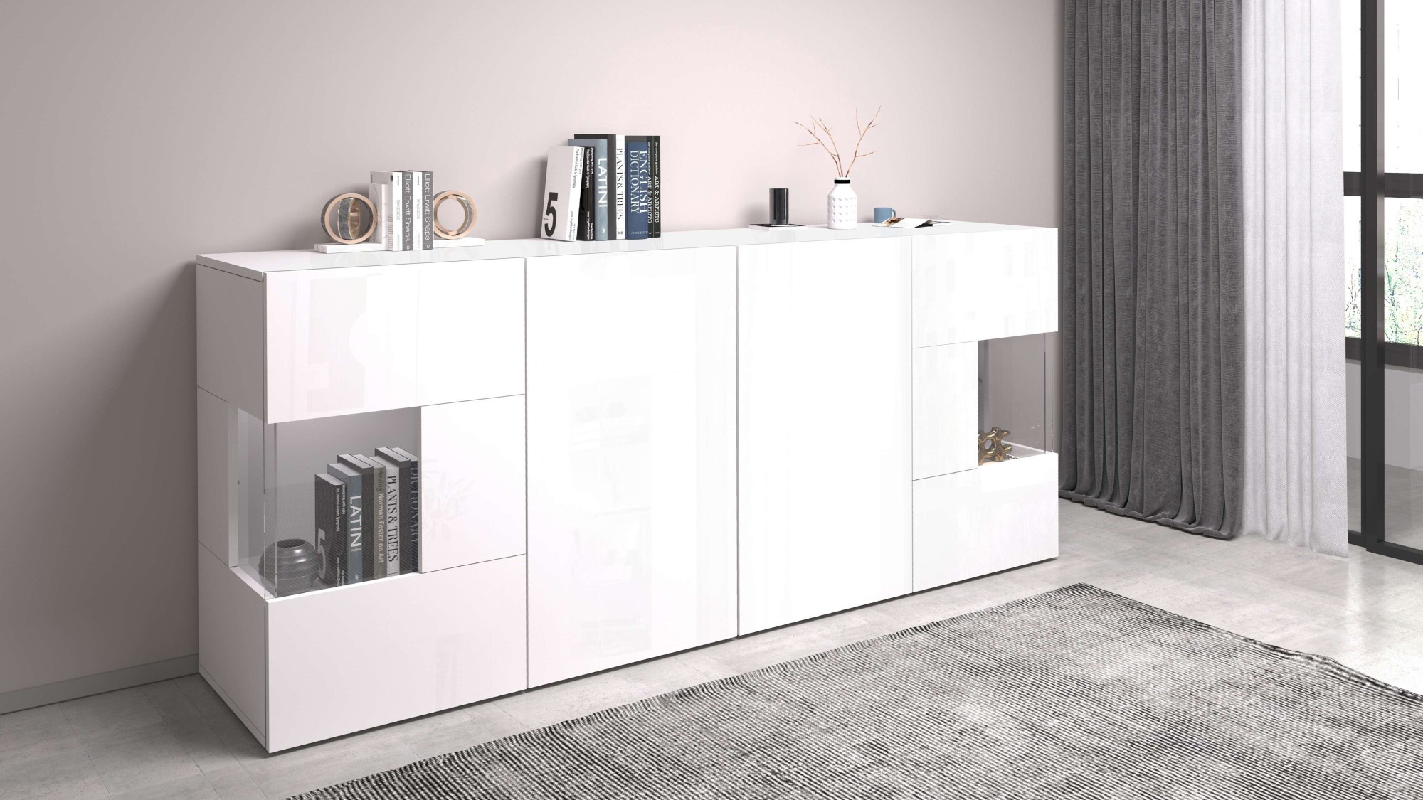 INOSIGN Sideboard »Egypt, Kommode, Schrank, Kredenz, Vitrine grifflos« 4 Türen davon 2 mit Glaseinsatz, kompl. Hochglanz lackiert, Breite 180