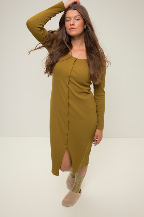 Kleid, Slim Shape, Rippjersey, Carree-Ausschnitt, Fake-Knopfleiste, Langarm