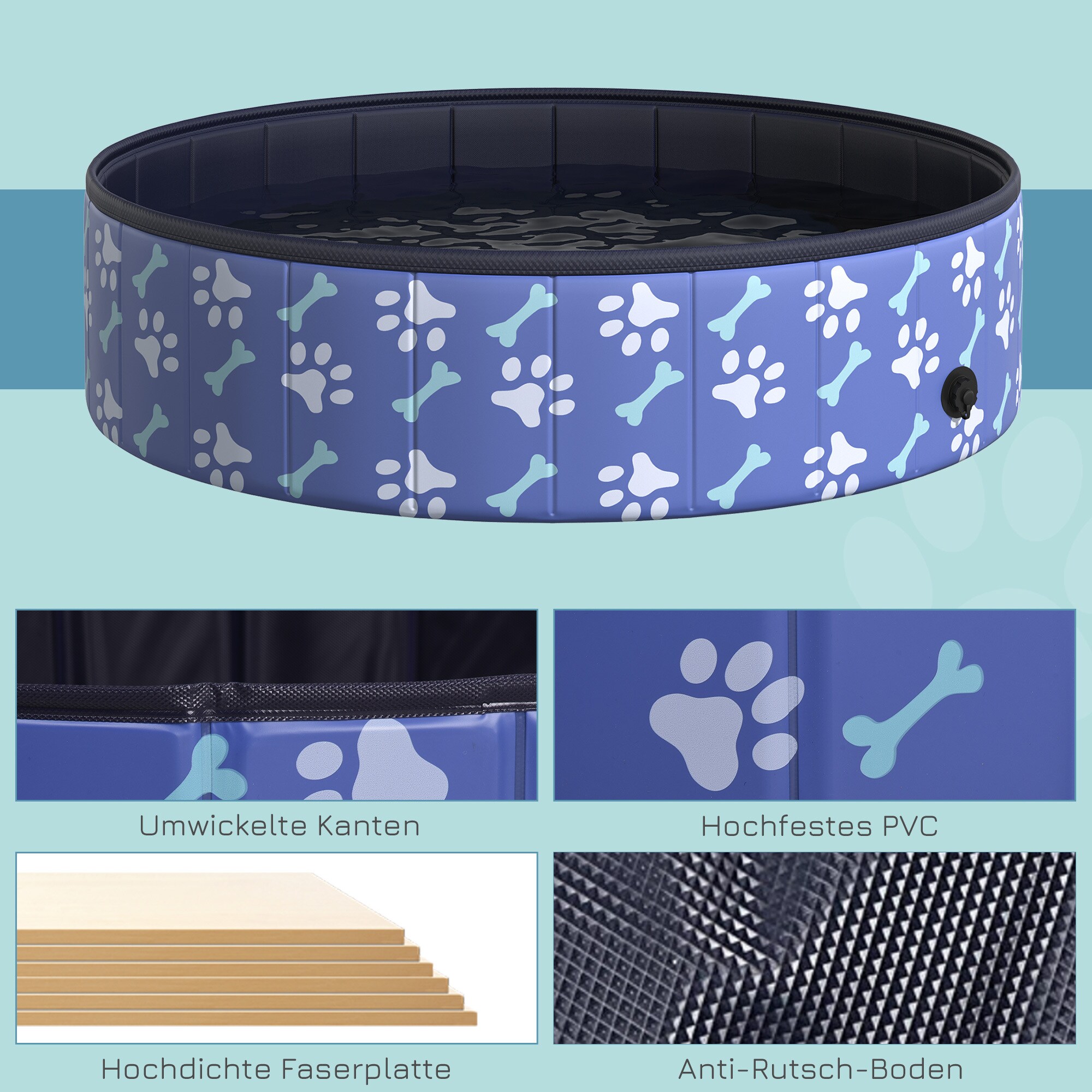 PawHut Hundepool mit Wasserablassventil blau Ø120 x 30H cm