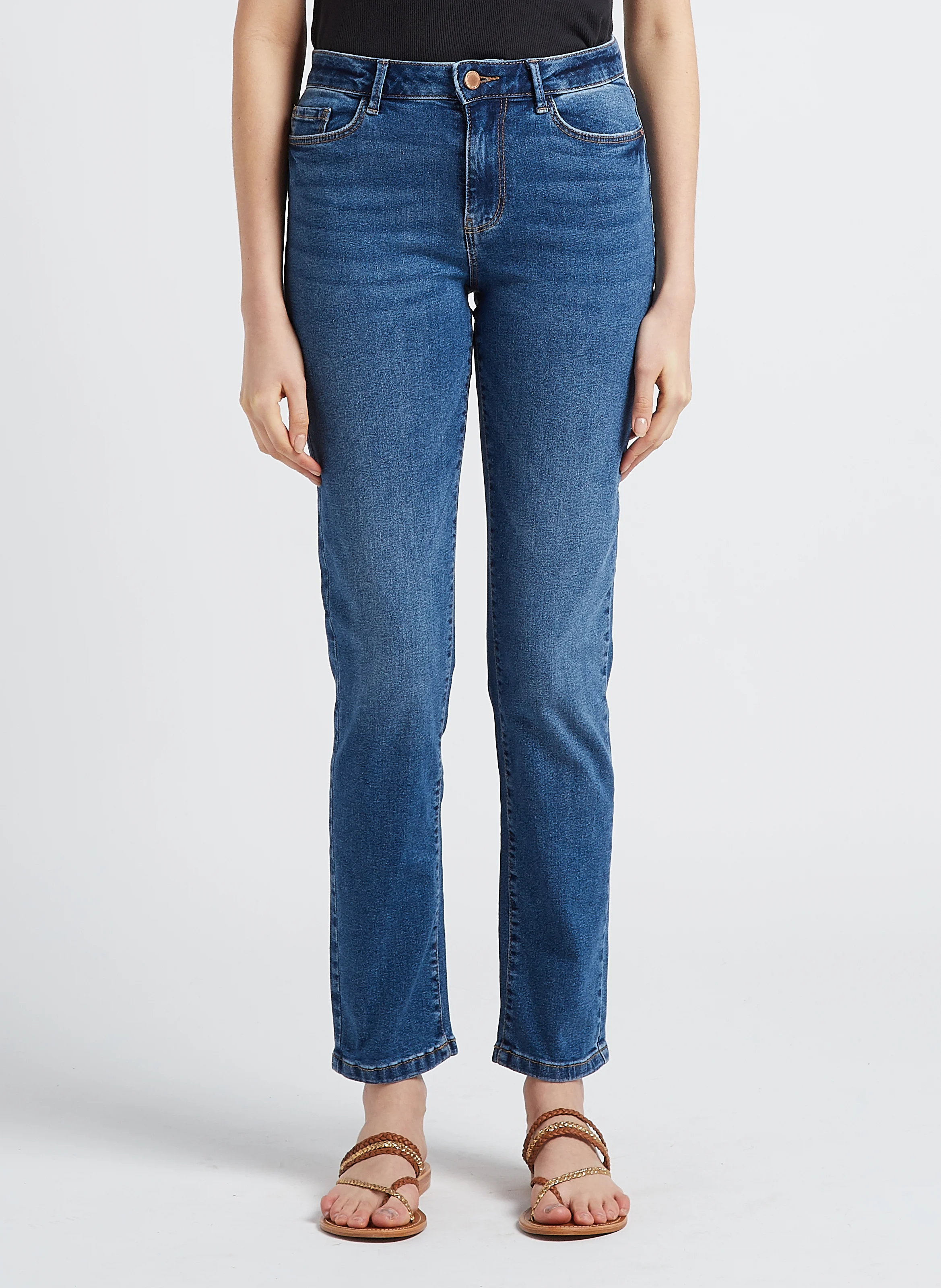 Jean droit taille mi-haute en denim de coton| Bleu