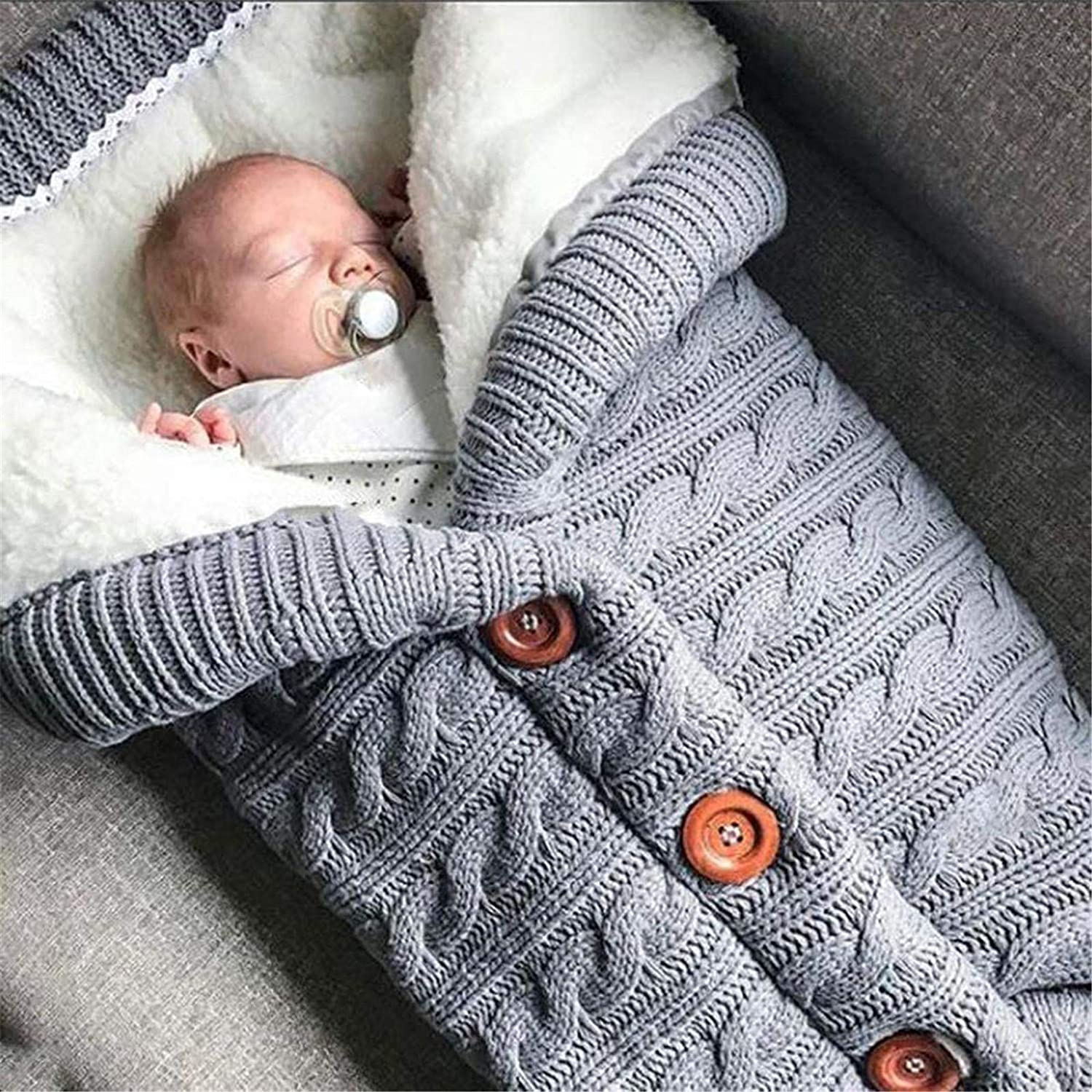 (68x38cm) Baby Strick Schlafsack Kuschel Winter Decke mit Fell für Kinderwagen - Schwarz