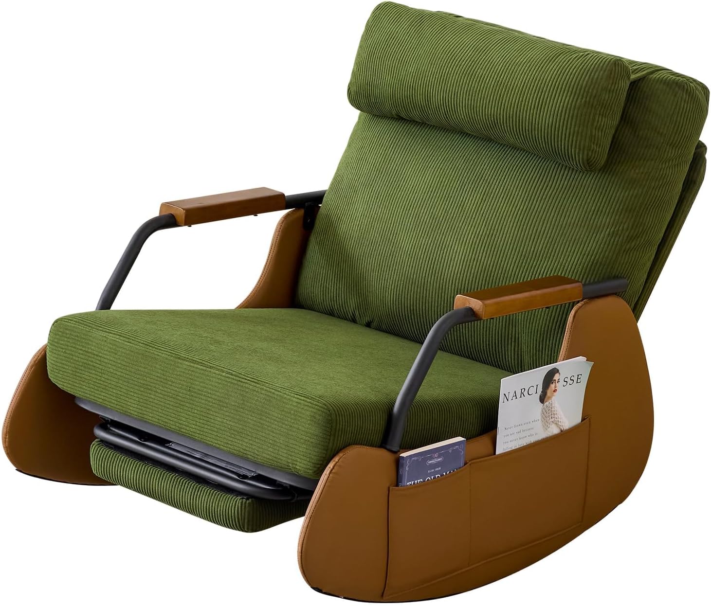AVAWING Schaukelstuhl mit Klappbarer Rückenlehne,Schaukelsessel mit Kordober Holz und PU,Rocking Chair Schwingsessel für Wohnzimmer,Schlafzimmer,Beige-grün
