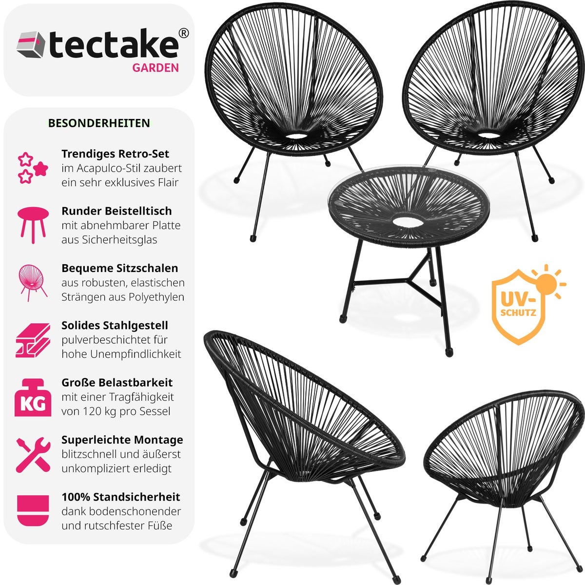 Santana tuinstoelen met tafel, tectake retrodesign in Acapulco-stijl, stoeldraagvermogen 120 kg