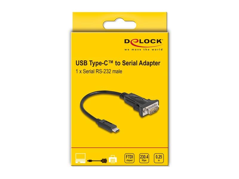 Delock Serial-Adapter USB-C – RS-232 D-Sub 9 Pin mit Schrau Delock Adapter USB Type-C zu 1 x Seriell RS-232 D-Sub 9 Pin Stecker mit Schrauben 0.25 m