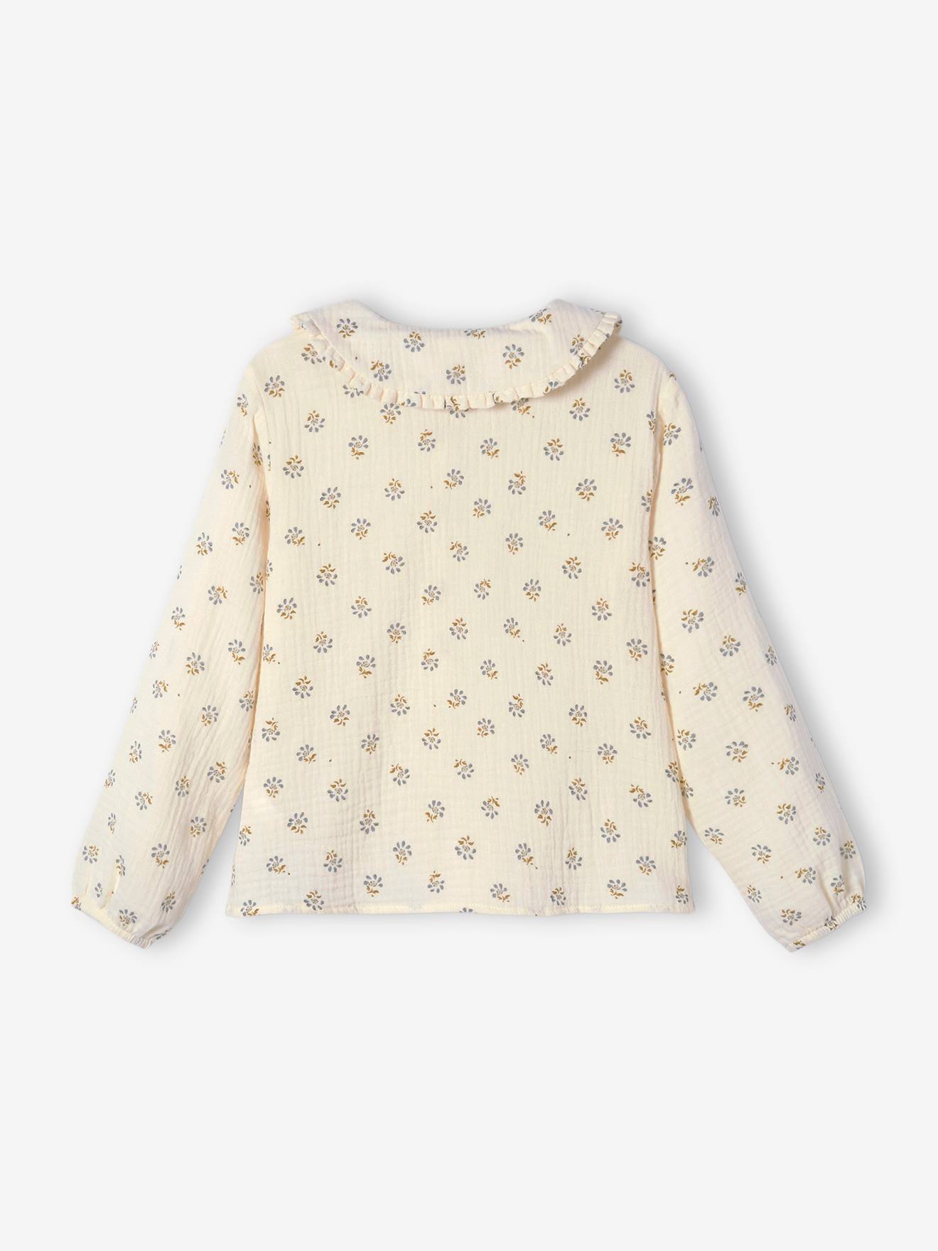 Blusa de chiffon de algodão com detalhes de babados e estampas, para meninas, tamanho médio, estampa branca.