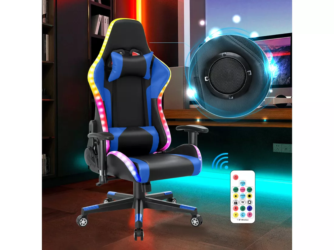 Chaise de jeu avec lumières LED RGB et haut-parleurs Chaise de gaming Chaise de bureau de style racing Chaise PC en cuir PU