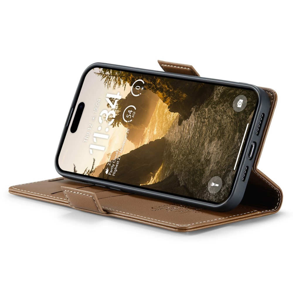 iPhone 16 Leder Tasche Flip Wallet Etui mit Kartenfächern Litchi Look (RFID Schutz) - Braun