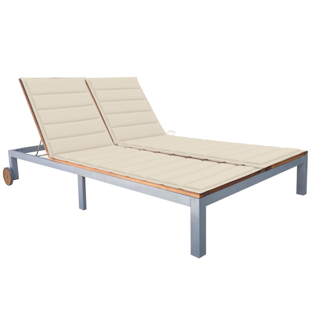 Transat chaise longue bain de soleil lit de jardin terrasse meuble d'extérieur 2 places avec coussin acacia solide et acier 0
