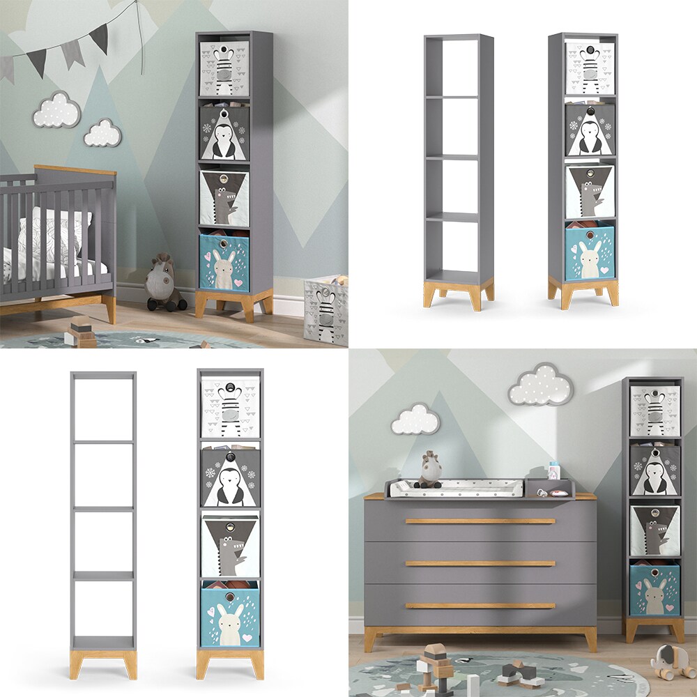 VitaliSpa Kinderregal Hochregal Würfelregal Malia Grau Eiche modern 35x160 cm Kinderzimmer Regal Kindermöbel Ablage Fach Spielzeugaufbewahrung Spielzeugablage Kinderkleidung