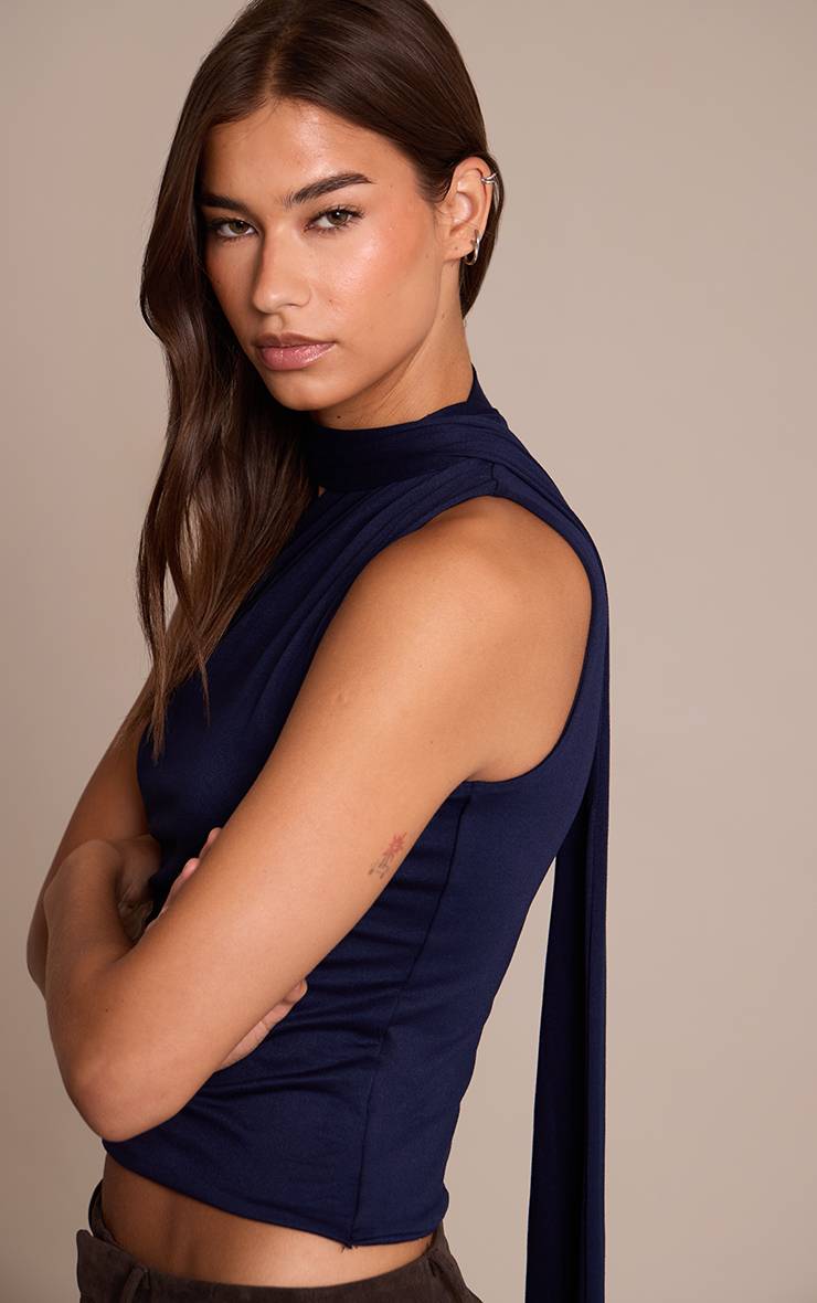 Bleu Marine Top Long Double Couche Toucher Doux Avec Détail Foulard