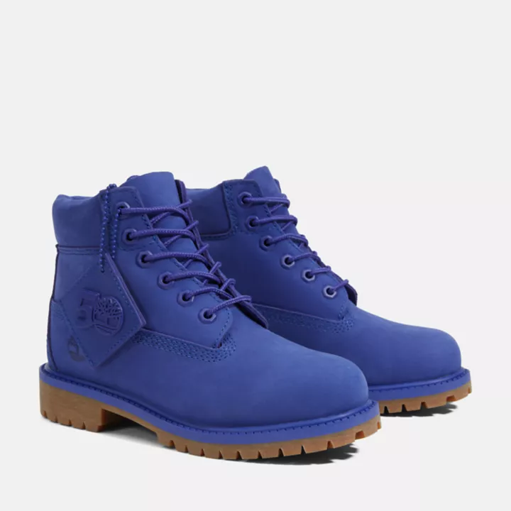 Bota Timberland Premium de 6 polegadas impermeável, edição 50, para crianças pequenas, na cor azul.
