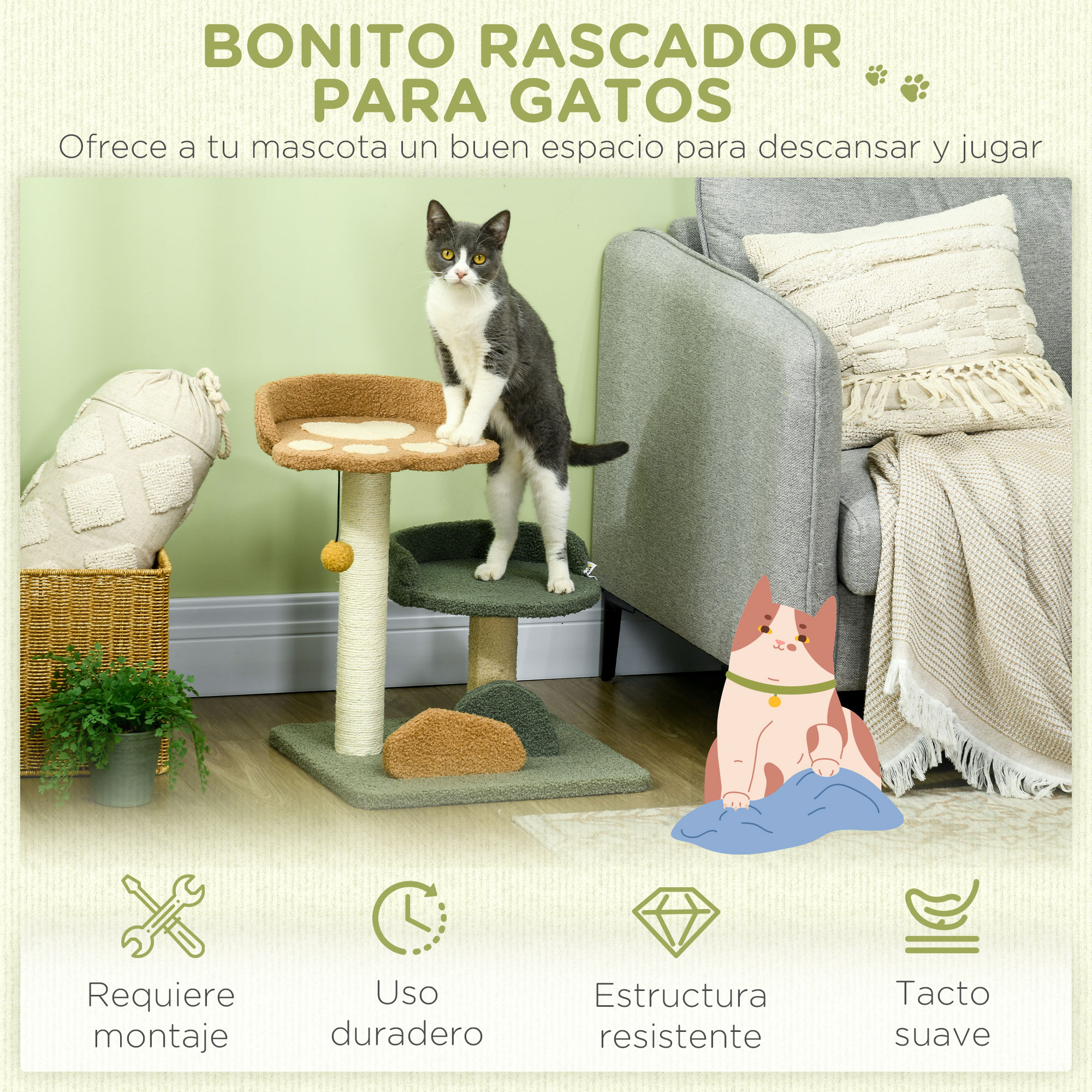 Árvore arranhadora pequena PawHut de 52 cm para gatos, torre para gatos, centro de atividades para gatinhos com cama, poste de sisal e bola pendurada, 43 x 39 x 52 cm, multicolorida