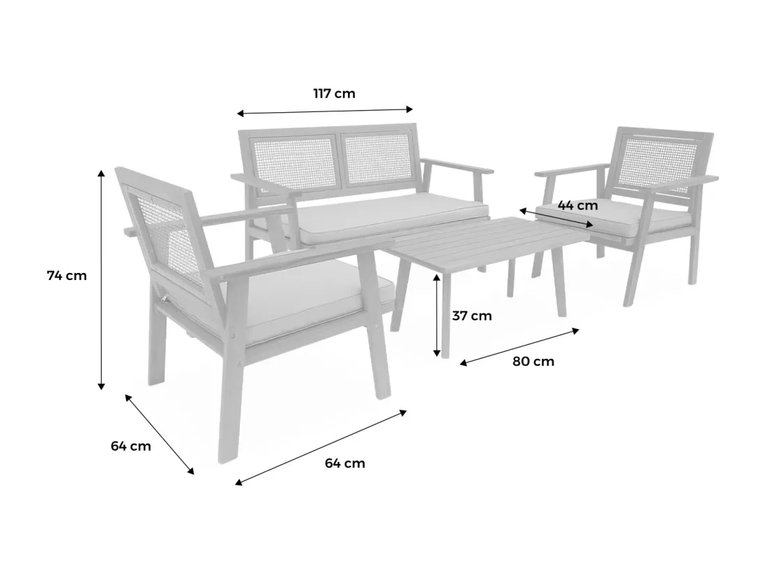Salon de jardin. Bohémia. cannage rond. canapé 2 places. 2 fauteuils. 1 table basse 117x64x74 cm