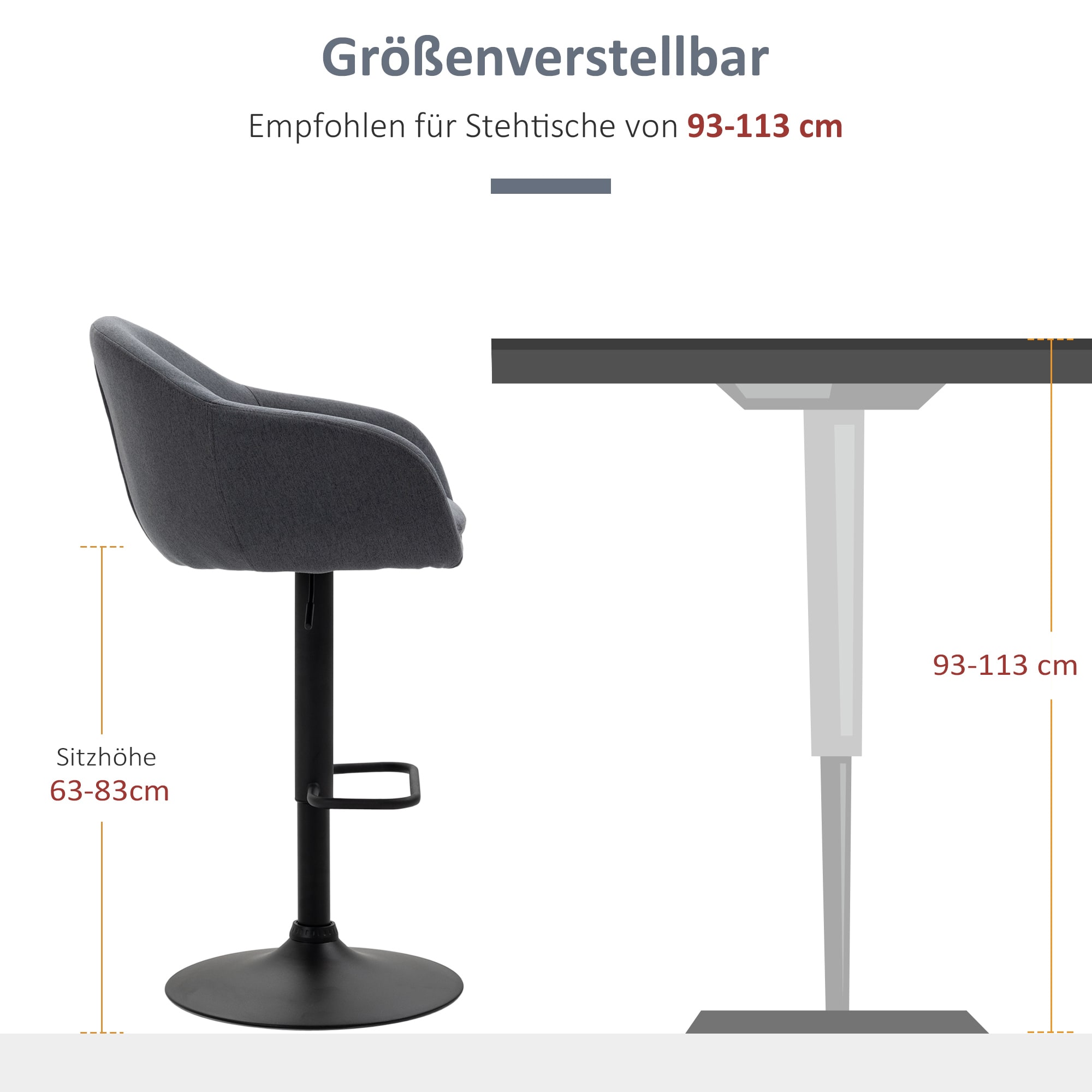 HOMCOM Barhocker mit Fußstütze grau 54L x 54B x 92-112H cm