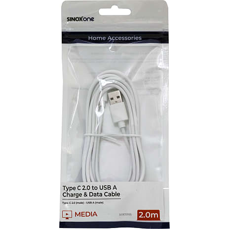 Sinox One USB-C til USB-A kabel 2 meter - hvid
