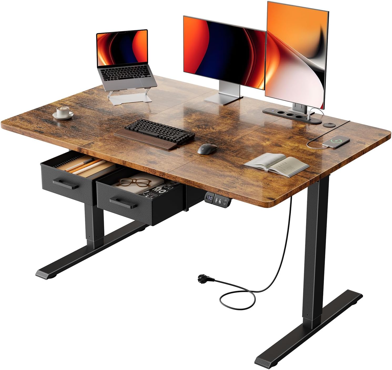 Höhenverstellbarer Schreibtisch 120 x 80 cm mit Schubladen, Schreibtisch Höhenverstellbar Elektrisch mit Steckdosen und USB-Buchse, Stabiler Standing Desk mit Memory Funktion, Vintage-Braun